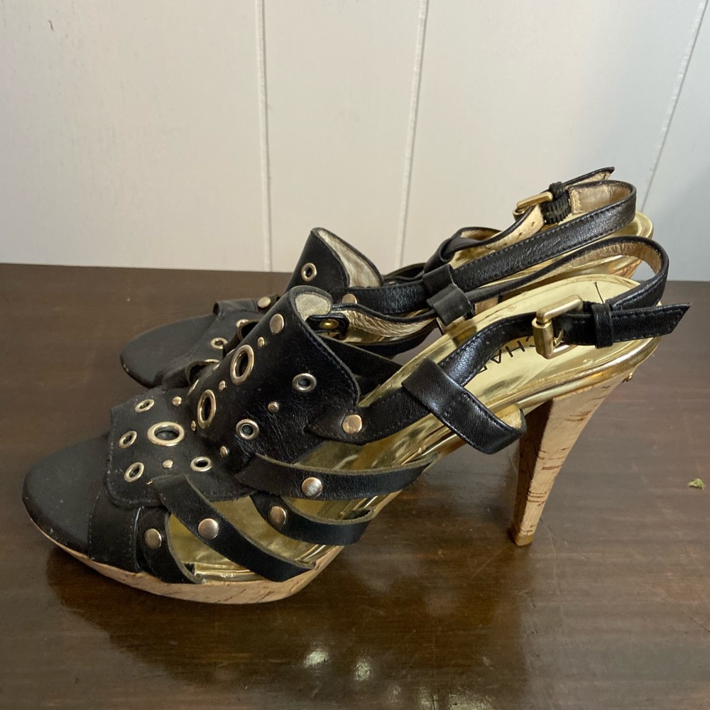 Michael Korrs leather black gold stilleto Heel 8 rubber lower opentoe sling back - Picture 5 of 7